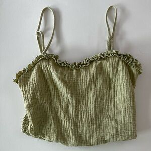 MABLE Cotton Ruffle Trim Sage Camisole, Ruched Stretchy Back, Medium